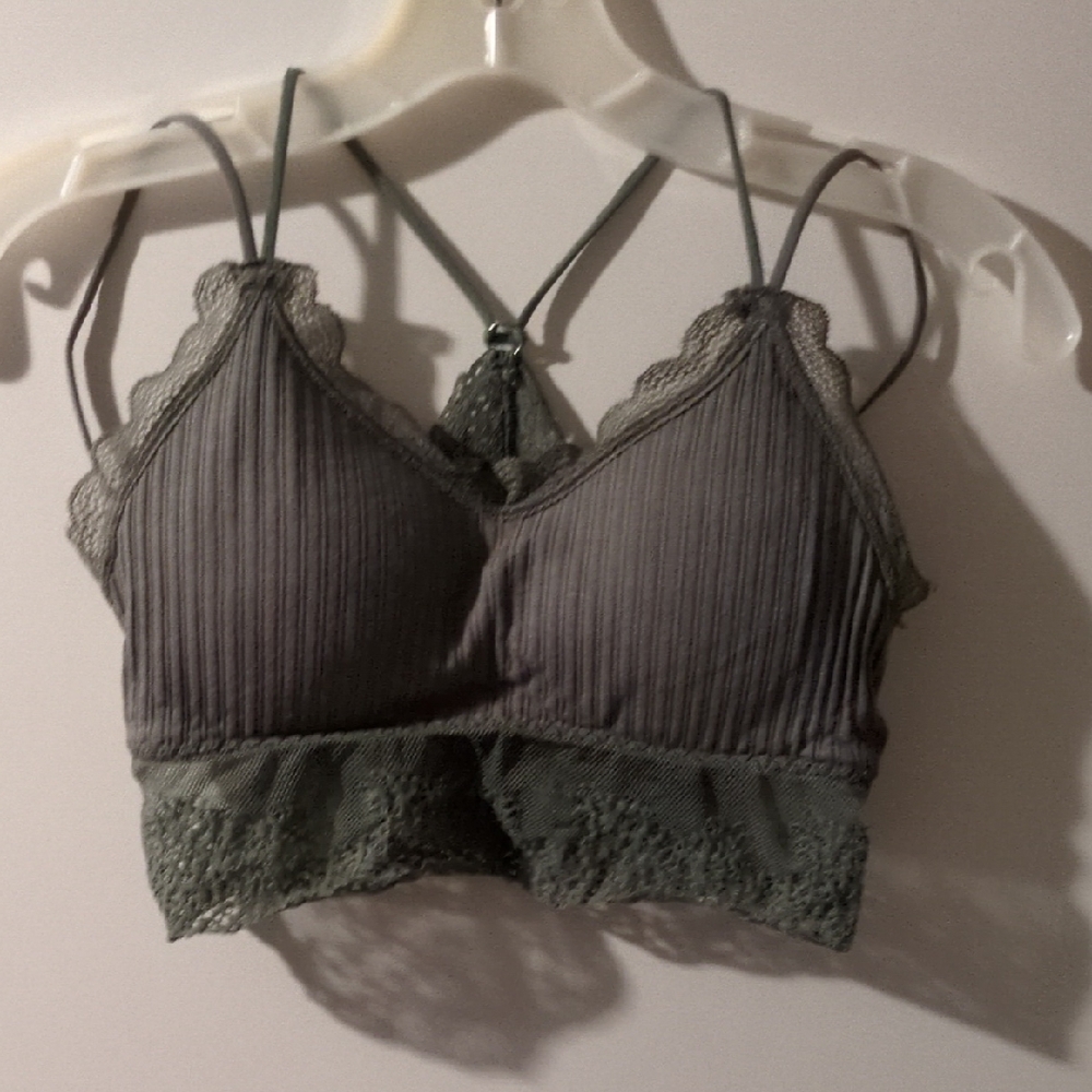 SHEIN Green Lace Trim Ribbed Bralette